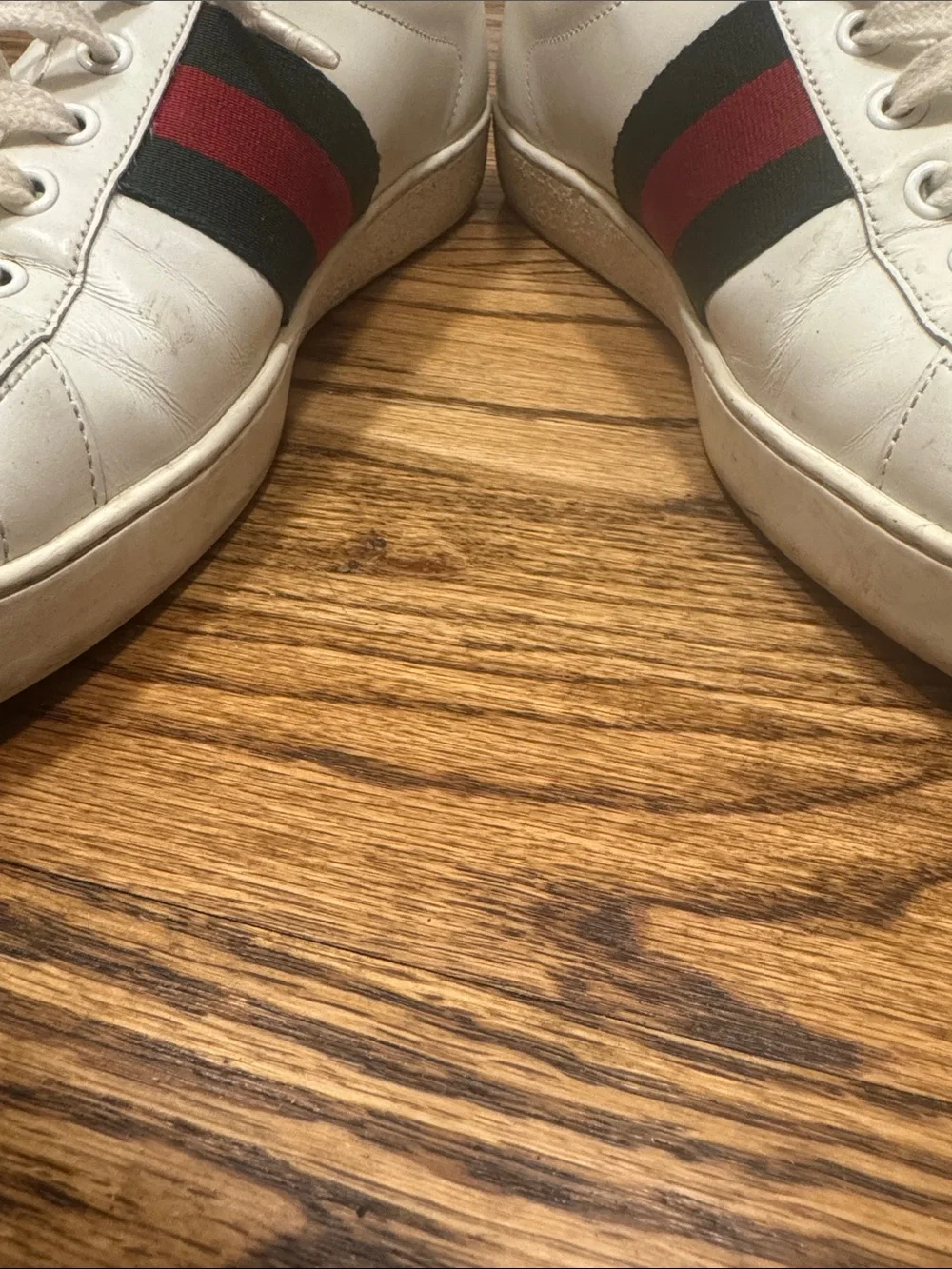 Gucci White Leather Sneakers Red & Green Stripe and Gold Bee. Ace Embroidered